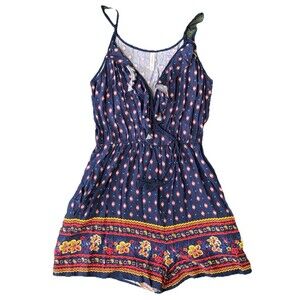 Xhilaration Women’s Boho Festival Blue Tribal Print Hippie Sleeveless Romper Med
